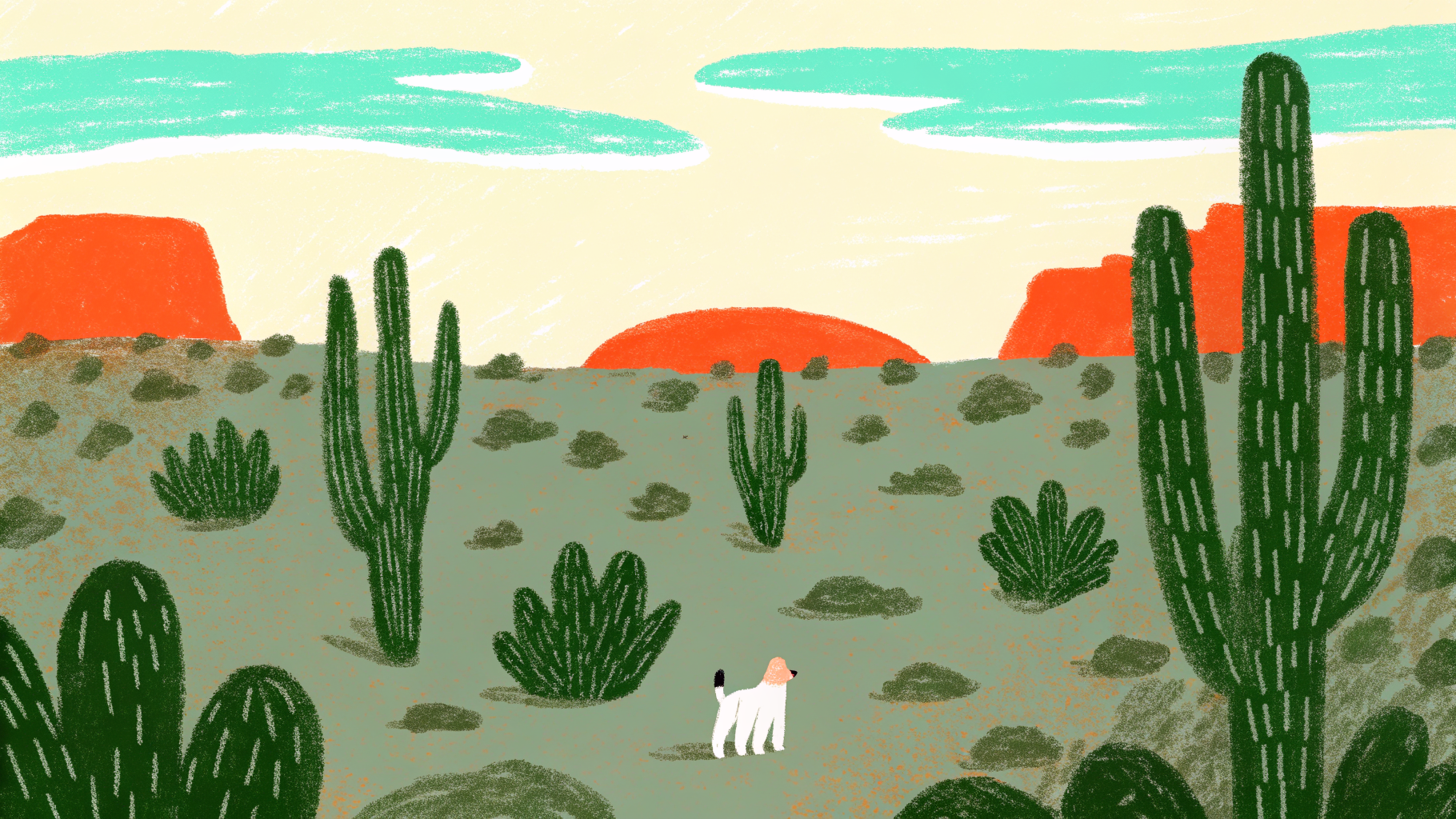 Dog walking on a desert trail in Arizona at sunrise