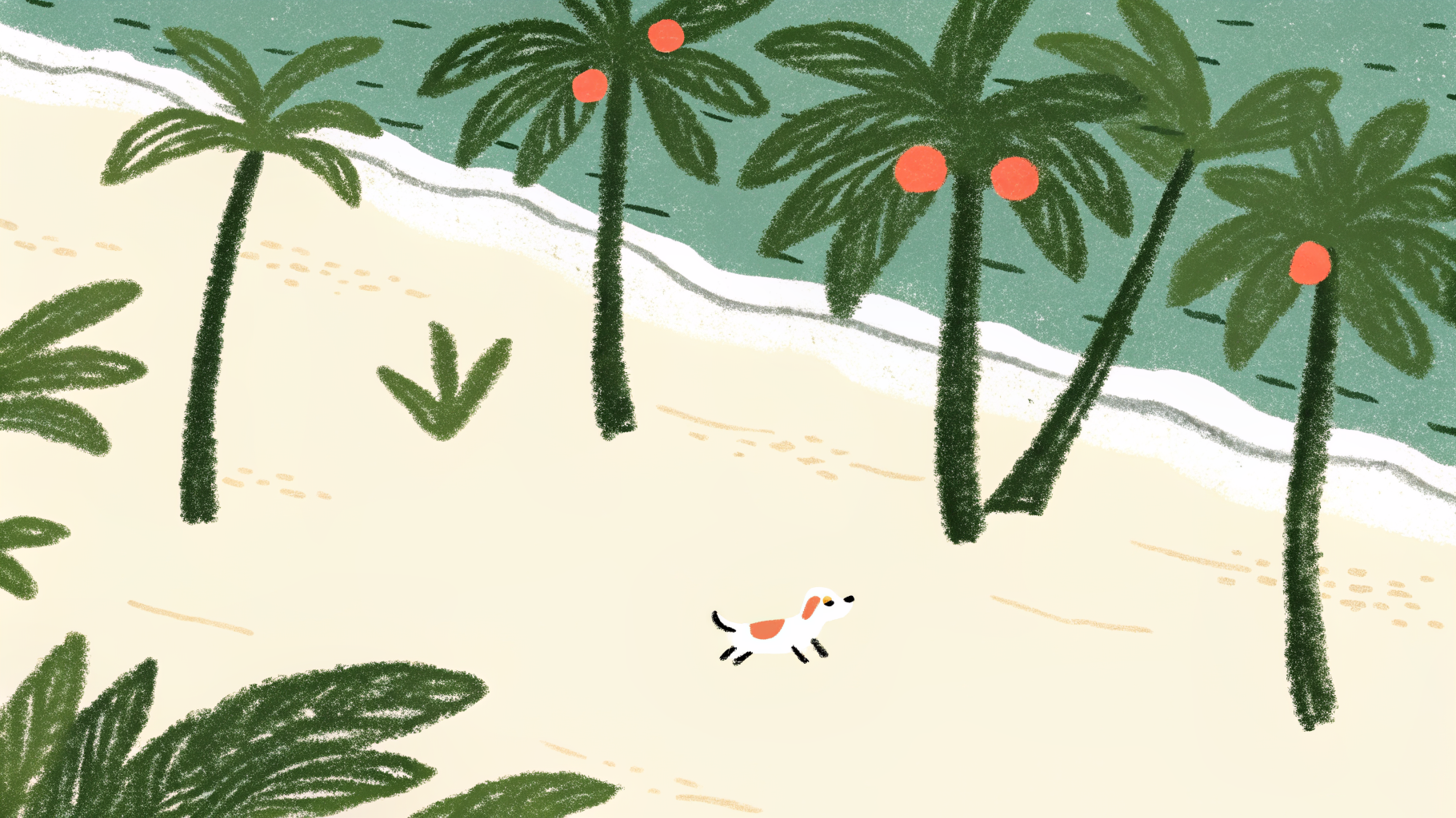 Dog playing on a Florida beach with palm trees