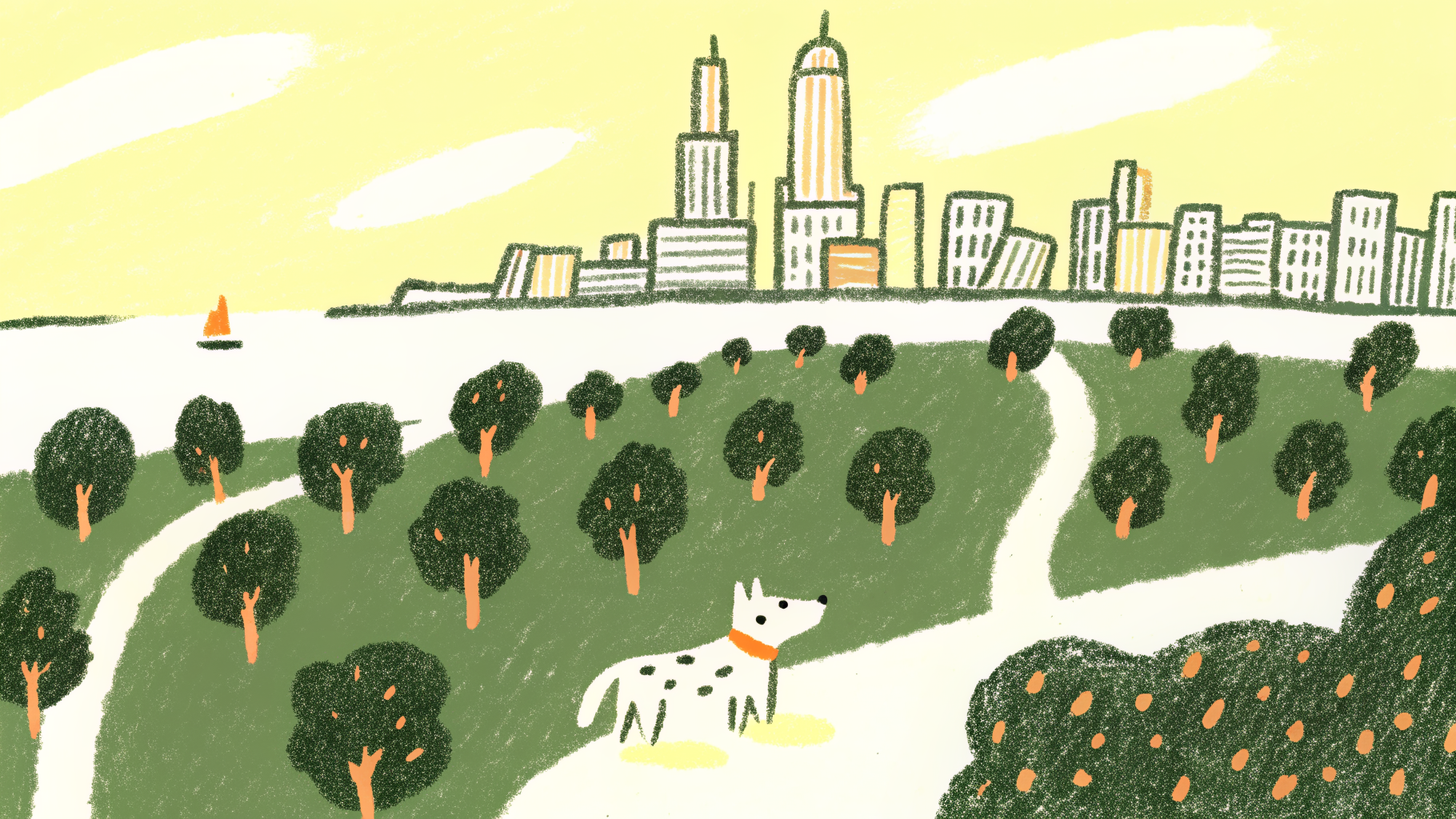 Dog walking along Chicago lakefront with skyline