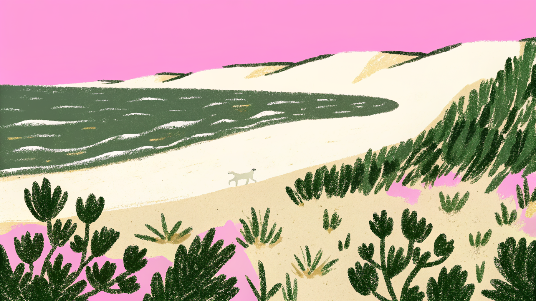 Dog playing by a Michigan lakeshore in winter