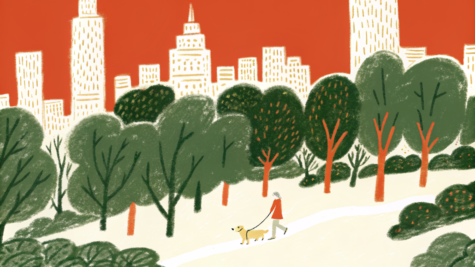 Dog walking through a New York City park in autumn