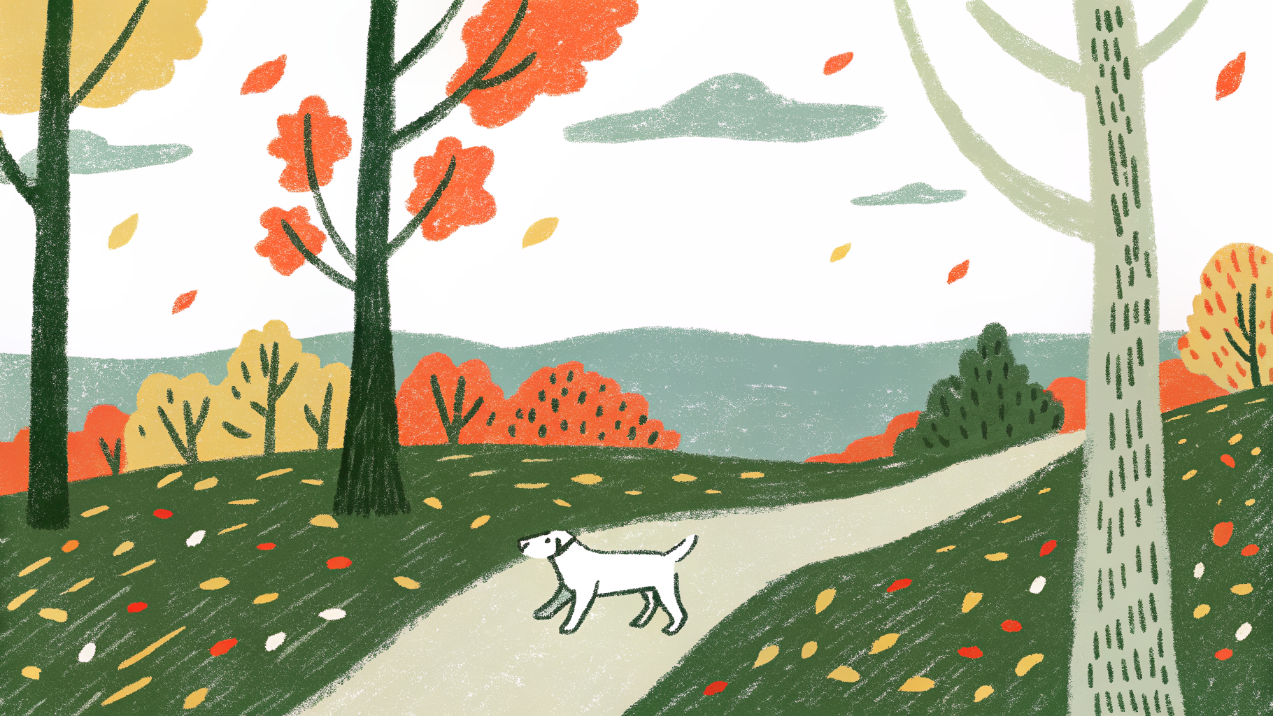 Dog walking through a Pennsylvania neighborhood in fall foliage