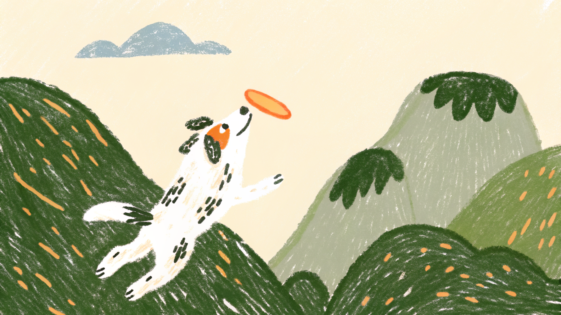 Illustrated Australian Shepherd with merle coat running through an agility course with intense focus