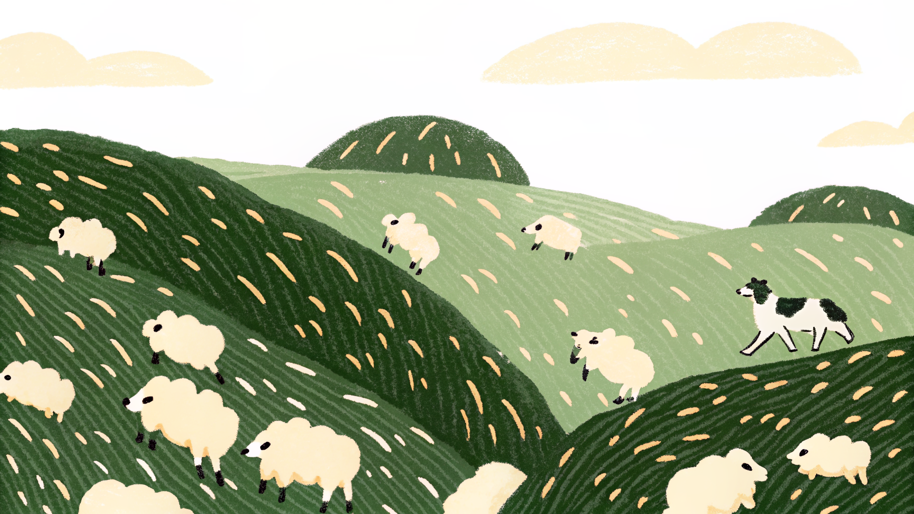 Illustration of a black-and-white Border Collie crouched in a herding stance in a green field with sheep in the distance