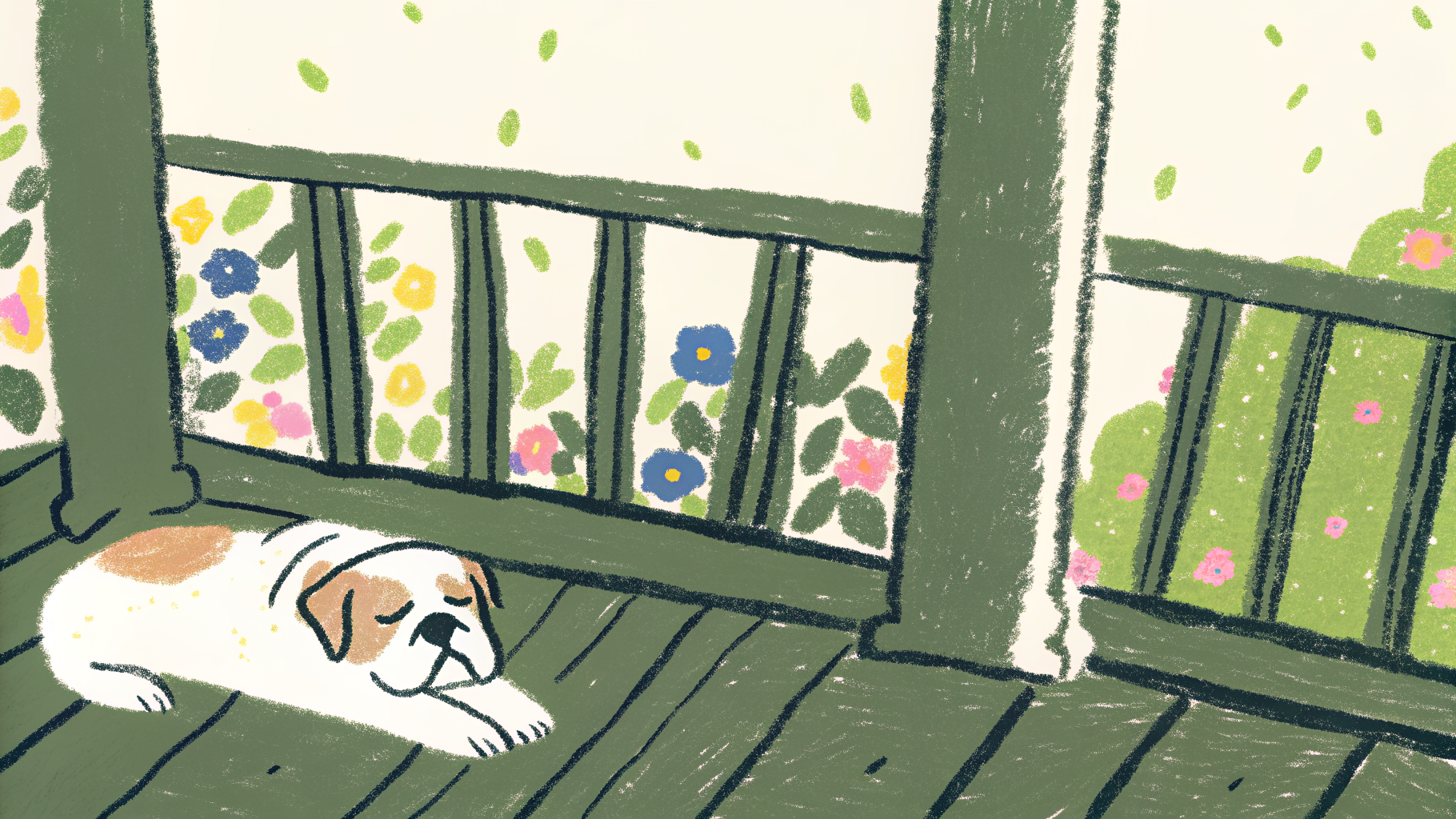 Illustrated English Bulldog lounging on a cool tile floor with a content expression