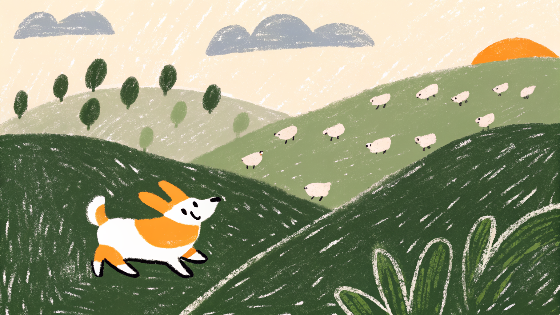 Illustrated Pembroke Welsh Corgi running through a meadow with a big smile and fluffy butt