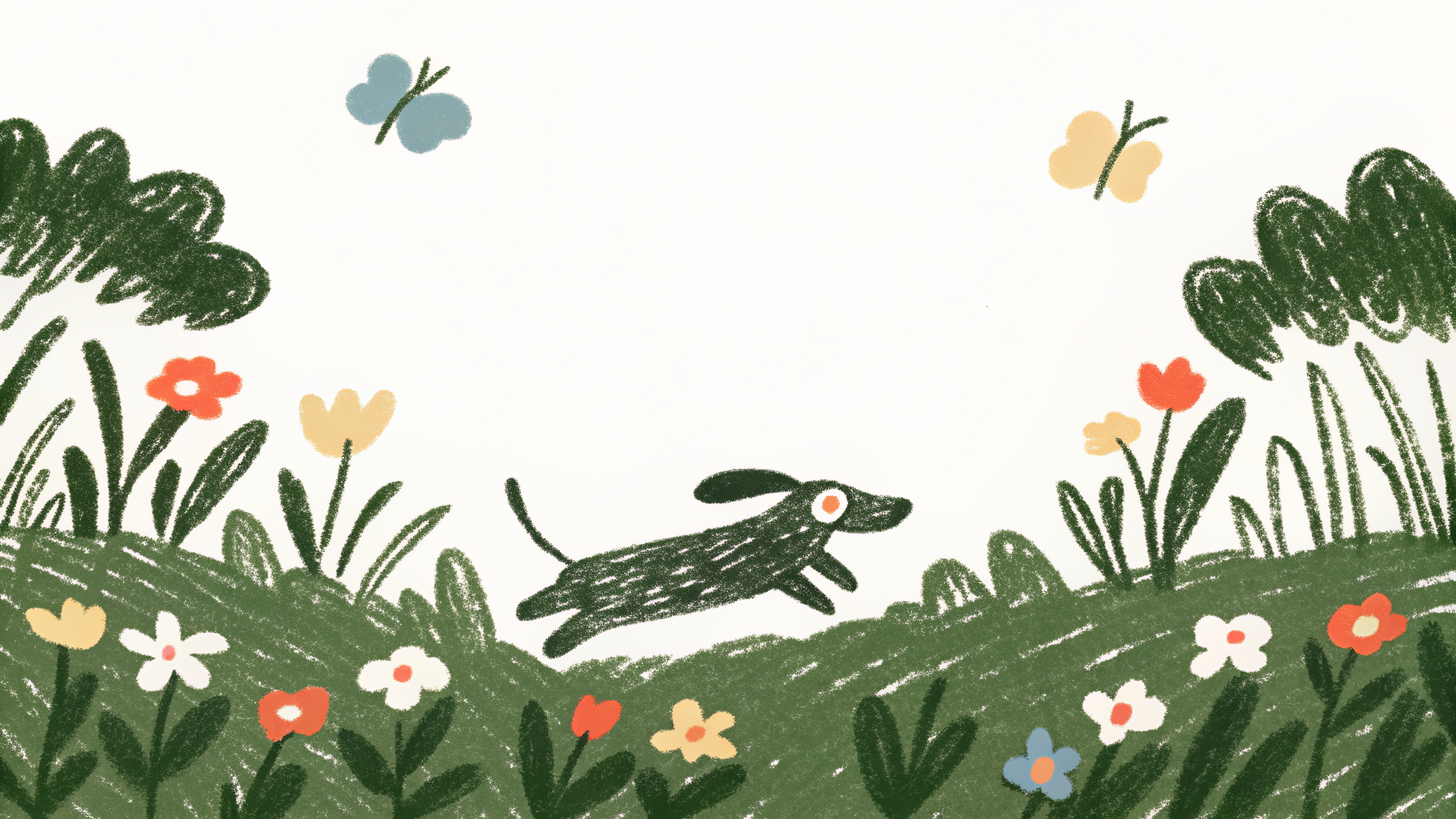 Illustrated Dachshund trotting through a garden path with ears flopping and tail wagging