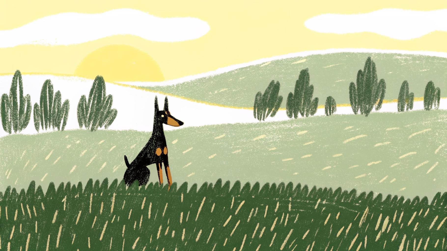 Illustration of a sleek Doberman standing alertly in a sunlit park with an athletic stance