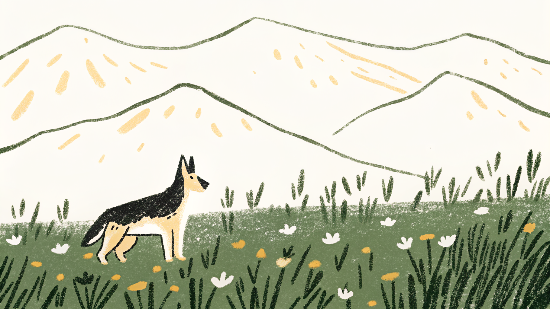 Illustrated German Shepherd standing alert in a green field with focused expression