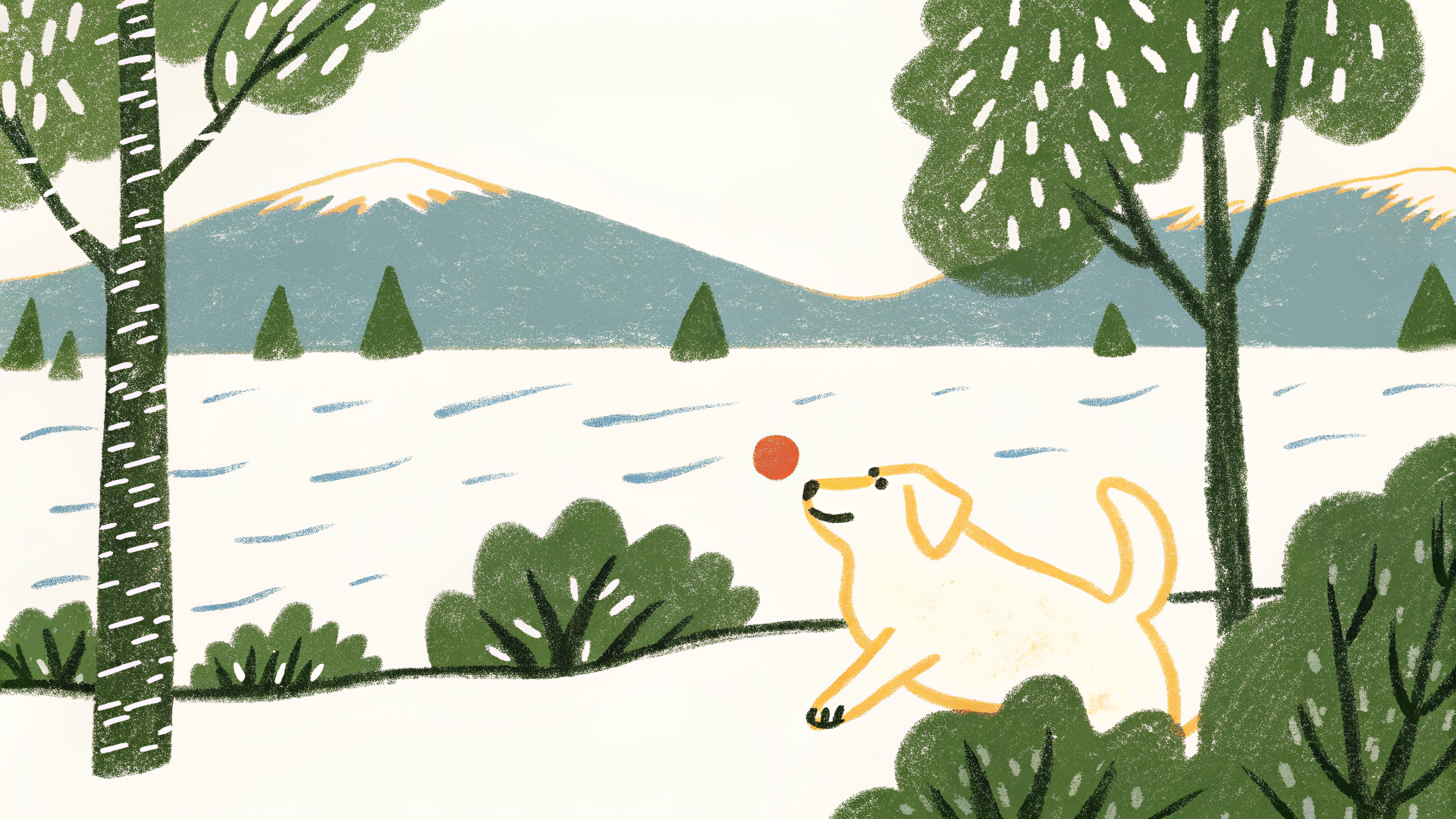 Illustrated Labrador Retriever happily fetching a ball near a lake on a sunny day