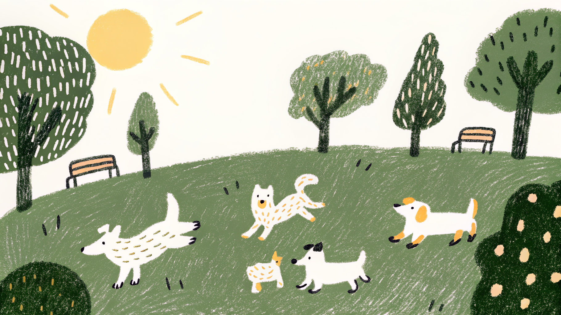 Illustration of a happy mixed breed dog with unique markings sitting in a shelter courtyard surrounded by colorful toys