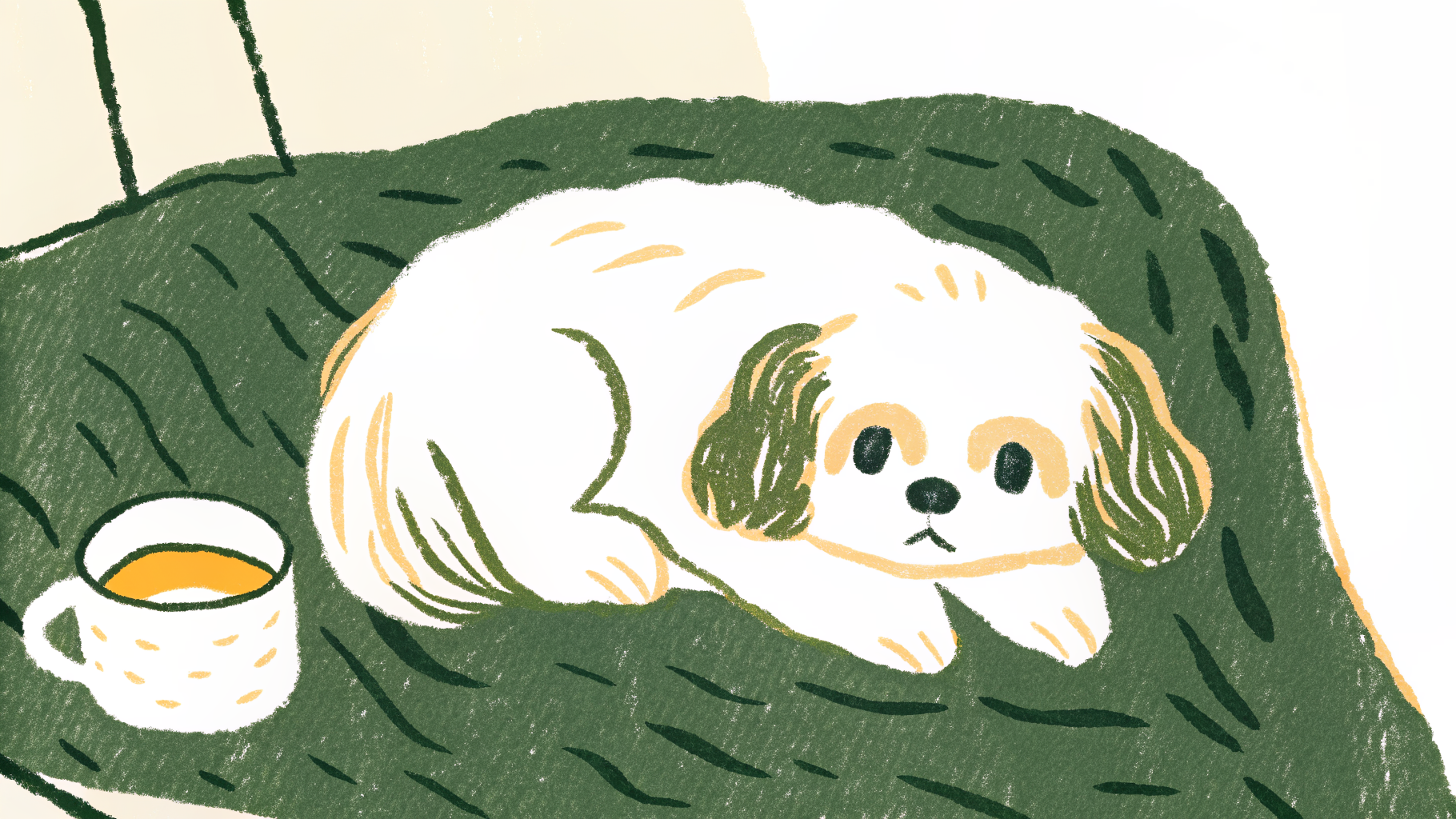 Illustration of a Shih Tzu with a flowing gold-and-white coat adorned with a topknot bow sitting on a silk pillow