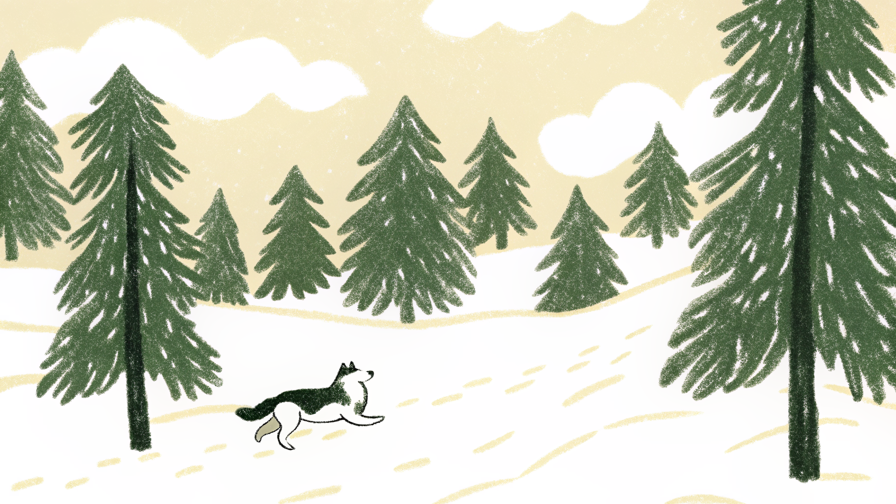 Illustration of a Siberian Husky with piercing blue eyes running through a snowy landscape with mountains in the background