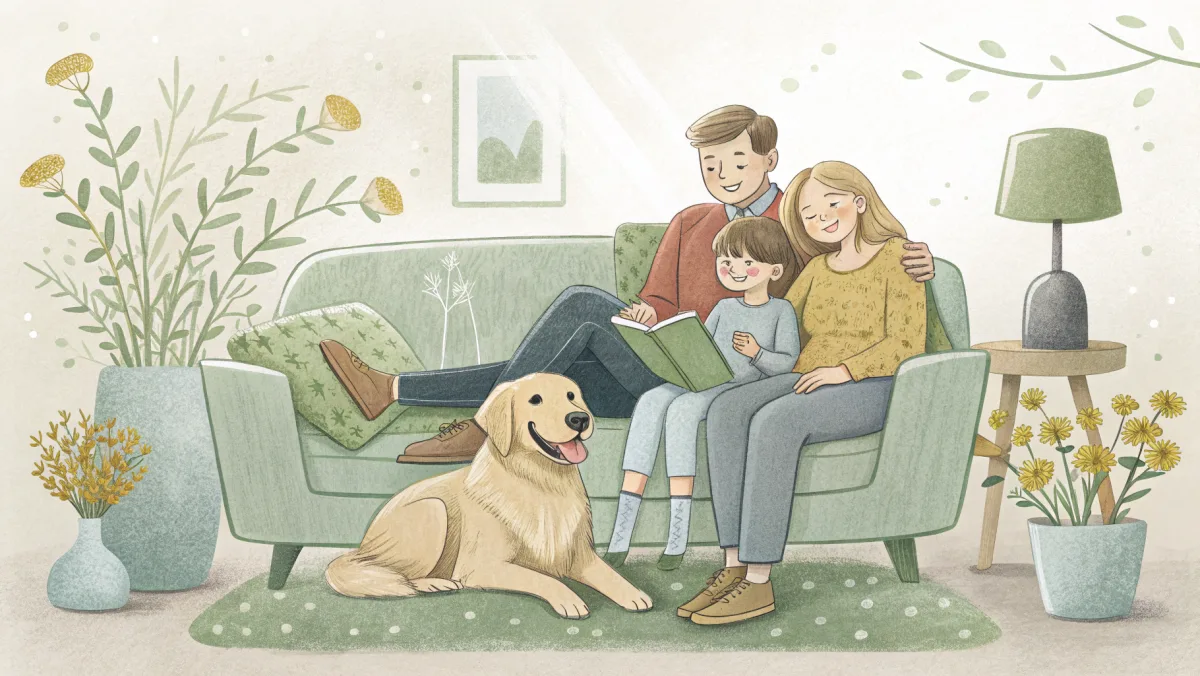 Family with adopted golden retriever