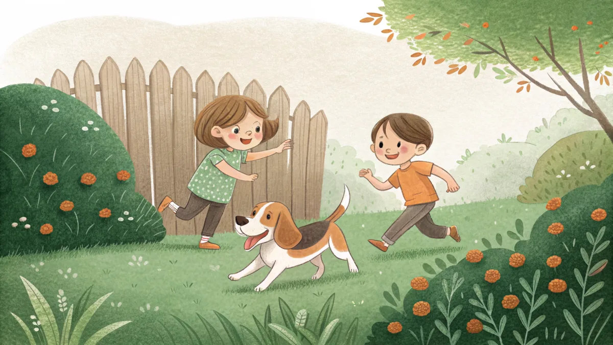 Kids playing with beagle in backyard
